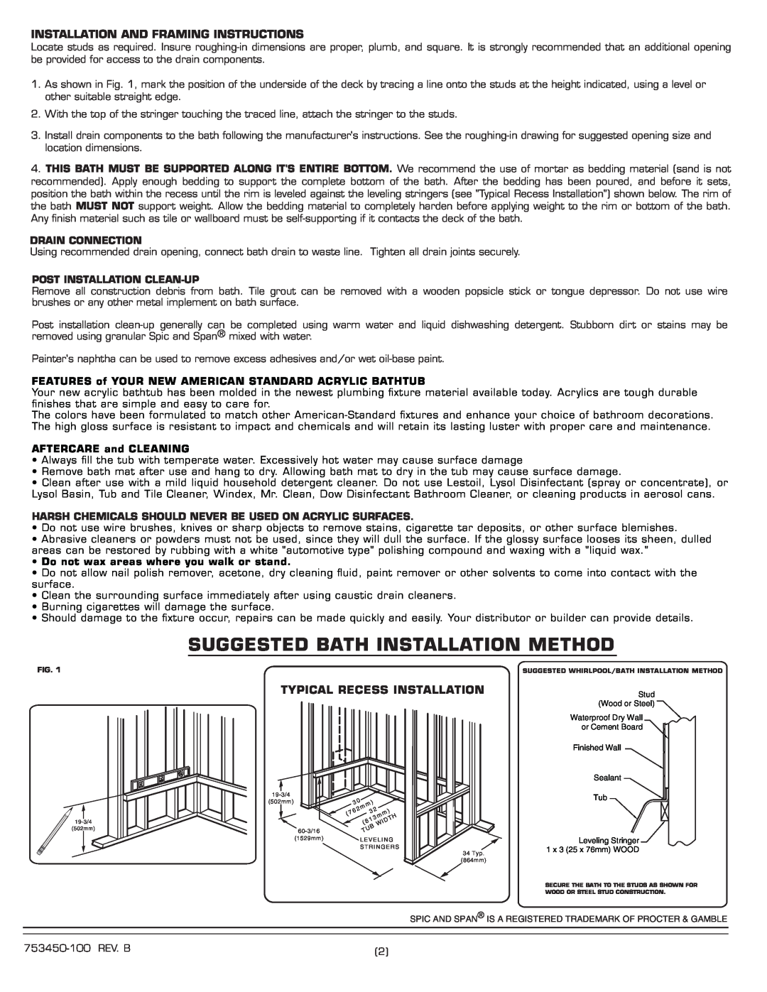 American Standard 2083 SERIES Suggested Bath Installation Method, Installation And Framing Instructions, Drain Connection 
