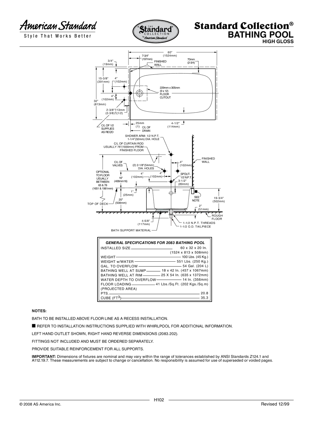 American Standard 2083.202, 2083.102 dimensions General Specifications for 2083 Bathing Pool 