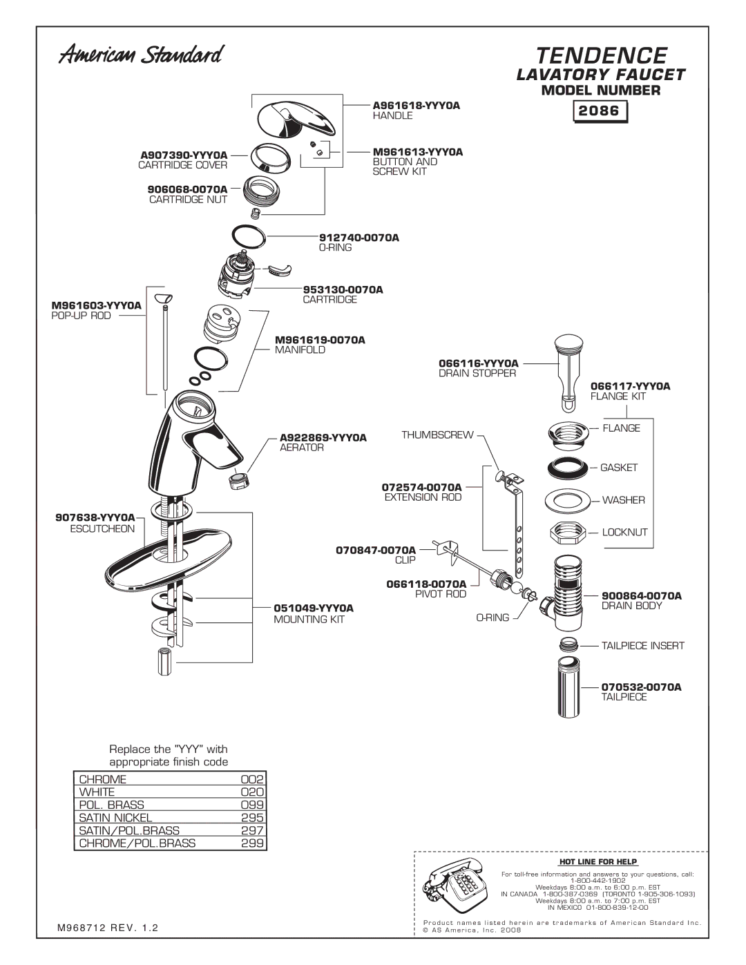 American Standard 2086 manual Tendence, Lavatory Faucet, Model Number 