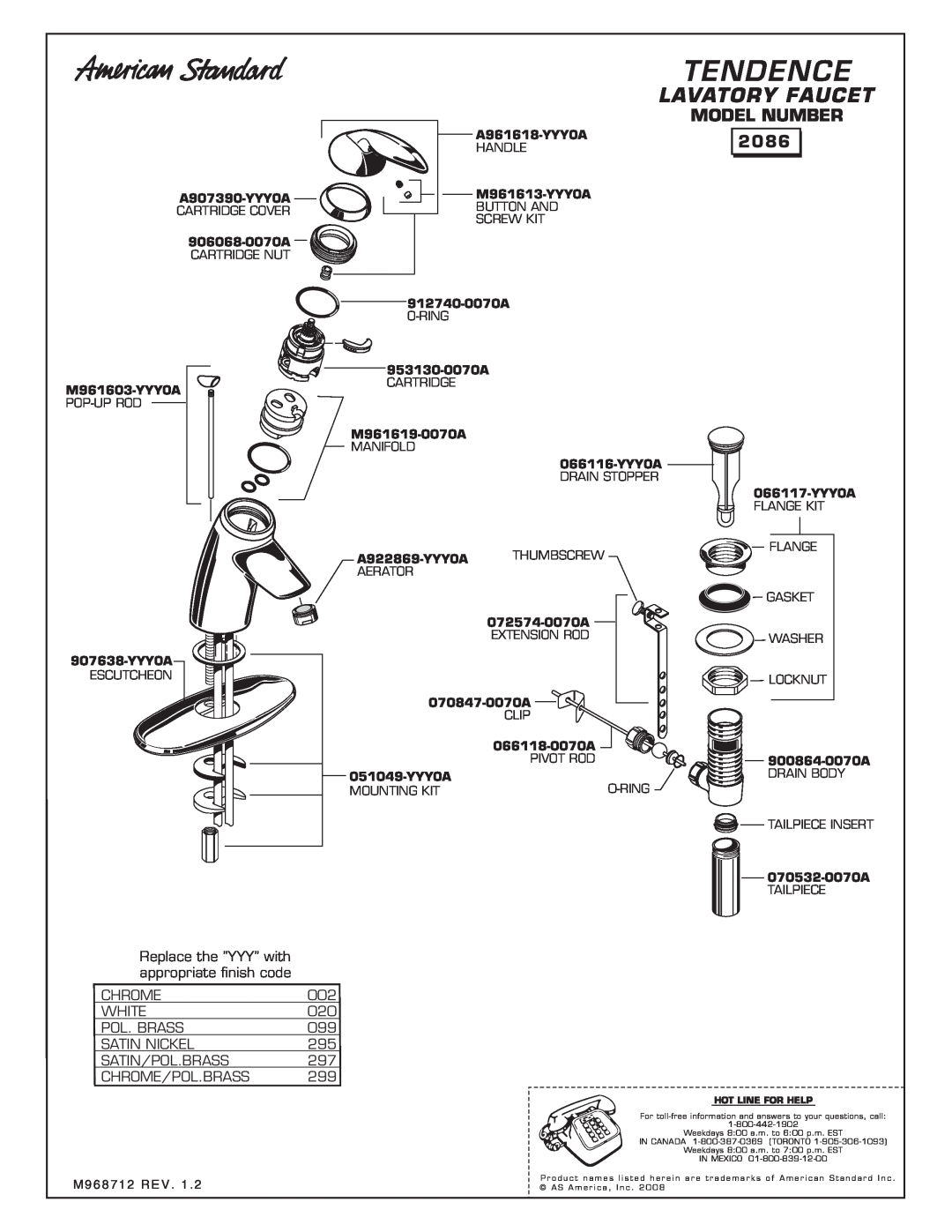 American Standard 2086 manual Tendence, Lavatory Faucet, Model Number 