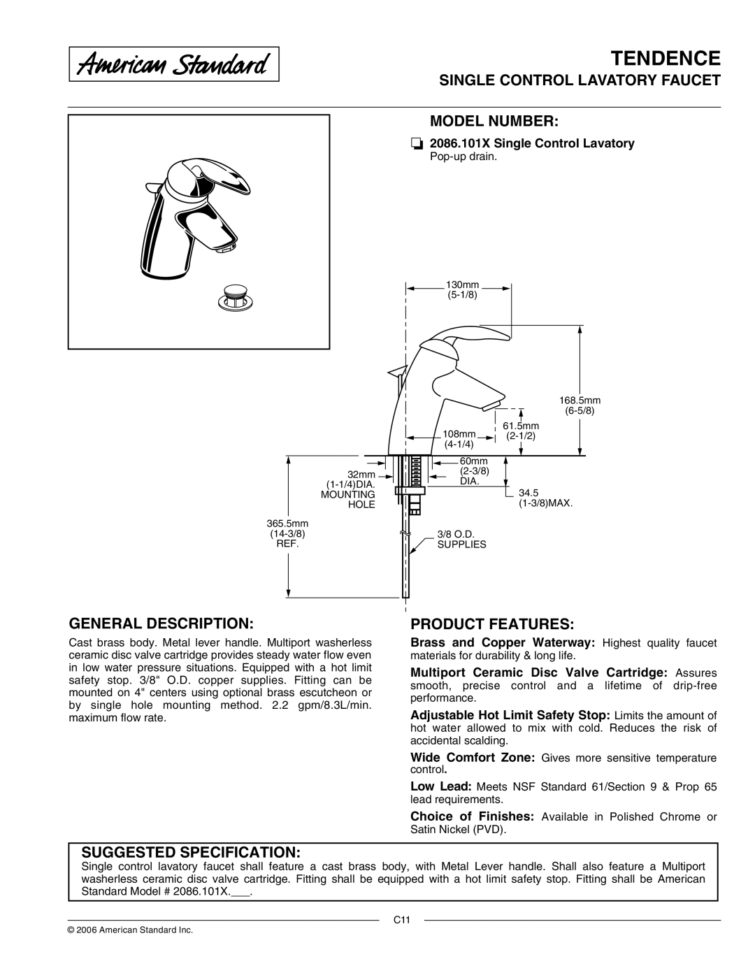 American Standard 2086.101X specifications Single Control Lavatory Faucet Model Number, General Description 