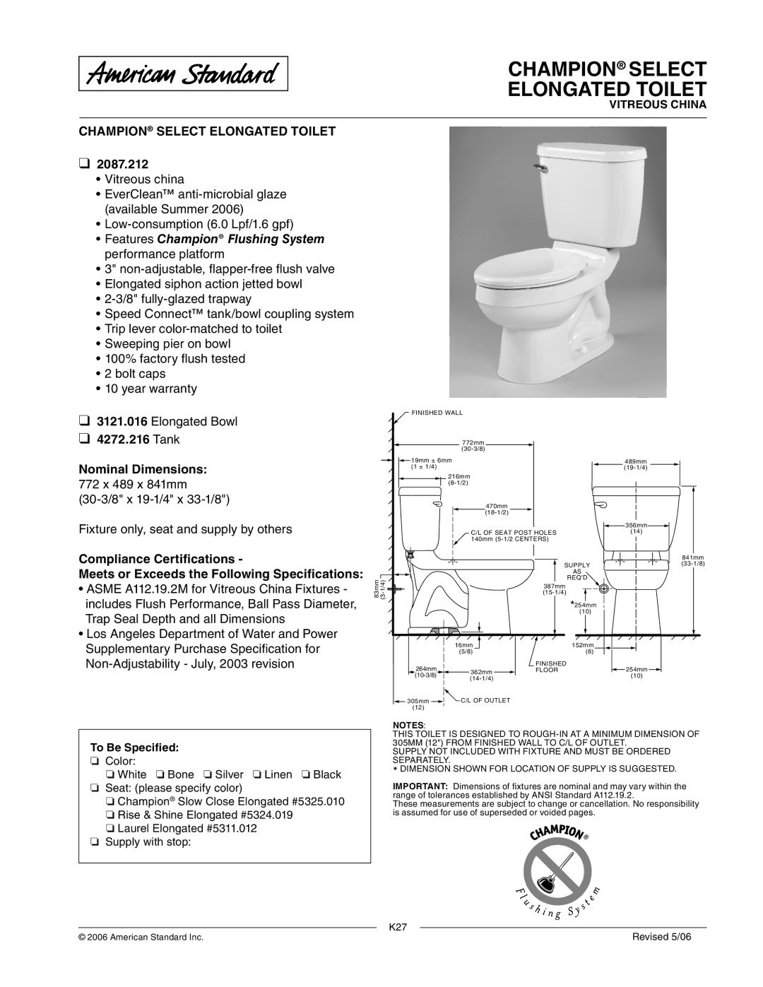 American Standard 4272.216 dimensions Champion Select Elongated Toilet, 2087.212, Tank Nominal Dimensions 