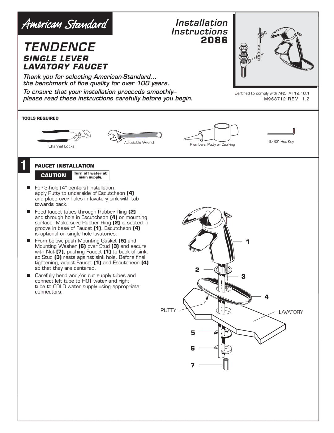 American Standard 2088 installation instructions Tendence, Faucet Installation 