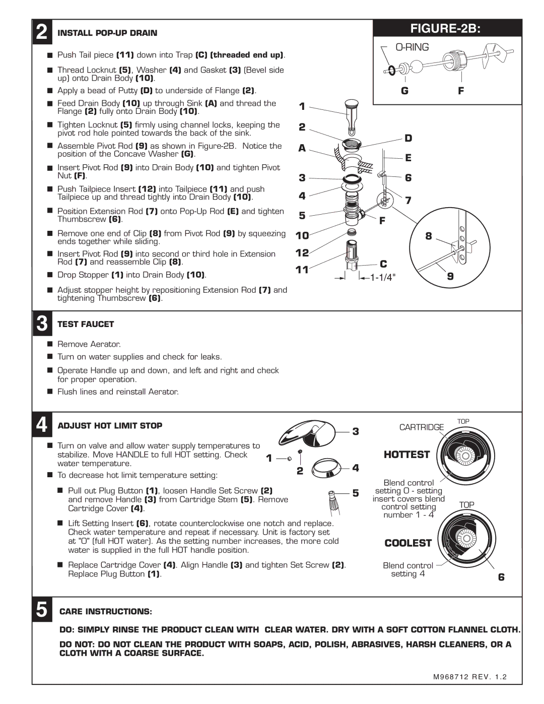 American Standard 2088 installation instructions Ring, Hottest, Install POP-UP Drain, Test Faucet, Adjust HOT Limit Stop 