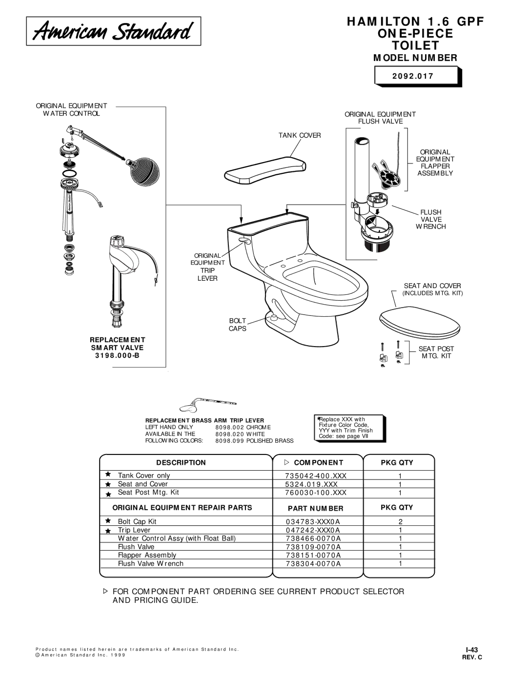 American Standard 2092.017 manual Hamilton 1.6 GPF ONE-PIECE Toilet, Model Number 