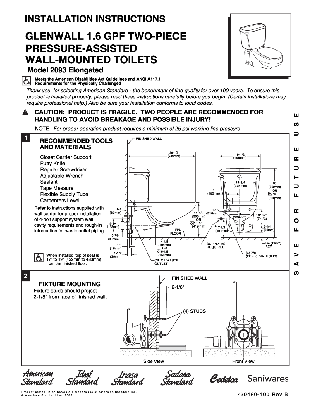American Standard 2093 Elongated warranty GLENWALL 1.6 GPF TWO-PIECE PRESSURE-ASSISTED, Wall-Mountedtoilets, Saniwares 
