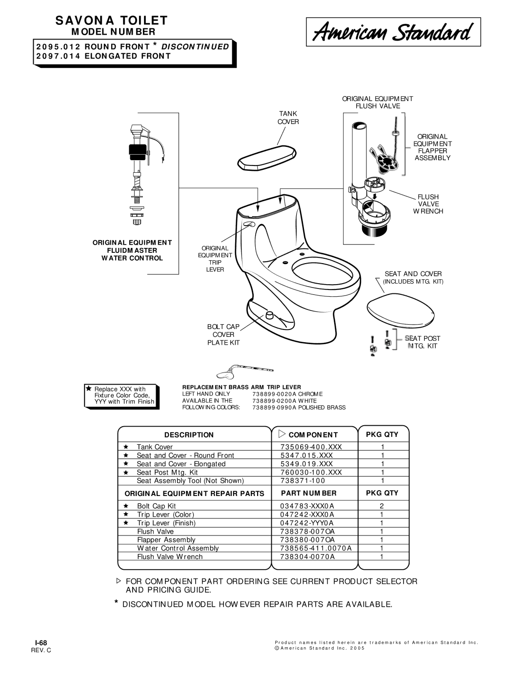 American Standard 2097.014, 2095.012, 738899-0020A manual Savona Toilet, Model Number, Round Front *DIS Elongated Front 