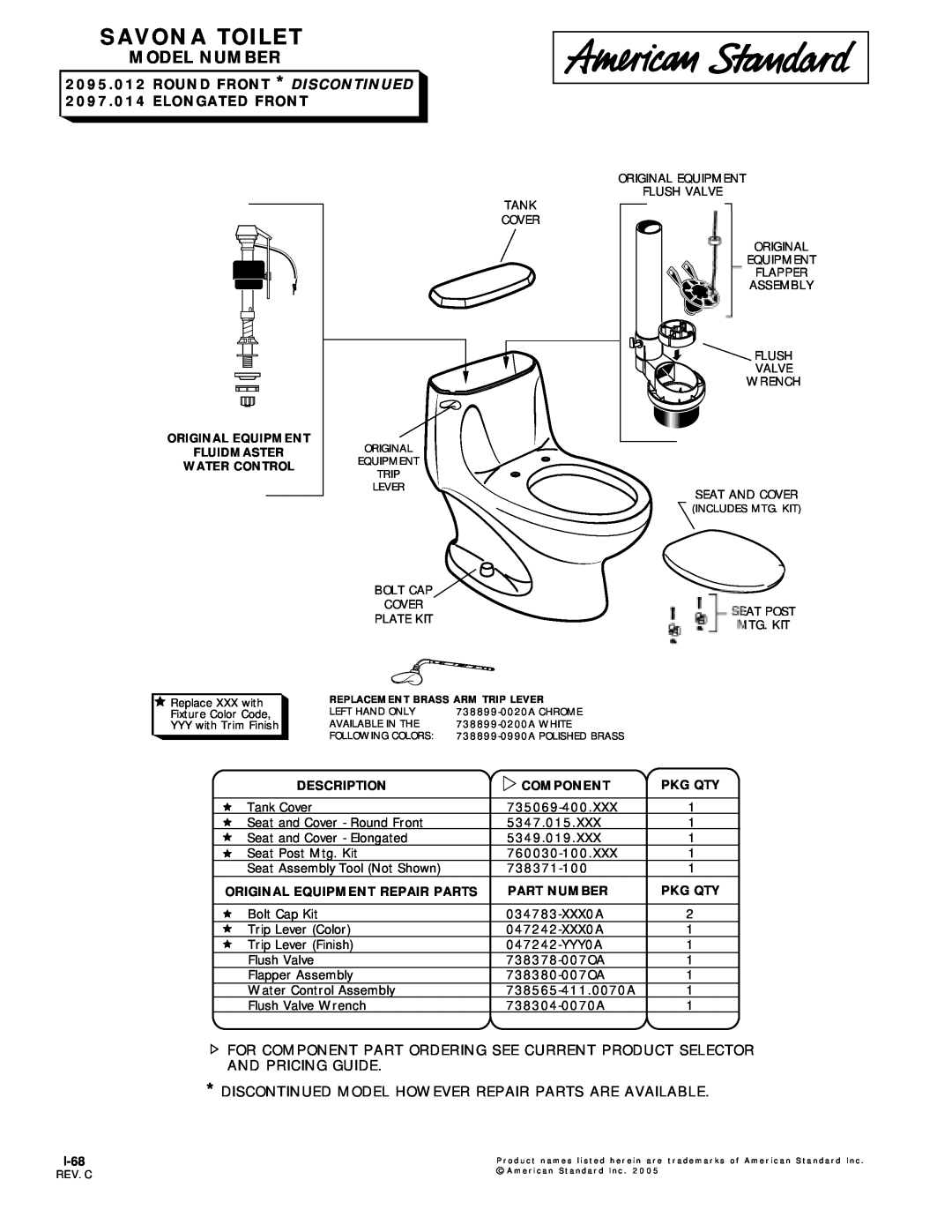 American Standard 2097.014, 2095.012 manual Savona Toilet, Model Number, Round Front *Discontinued, Elongated Front 