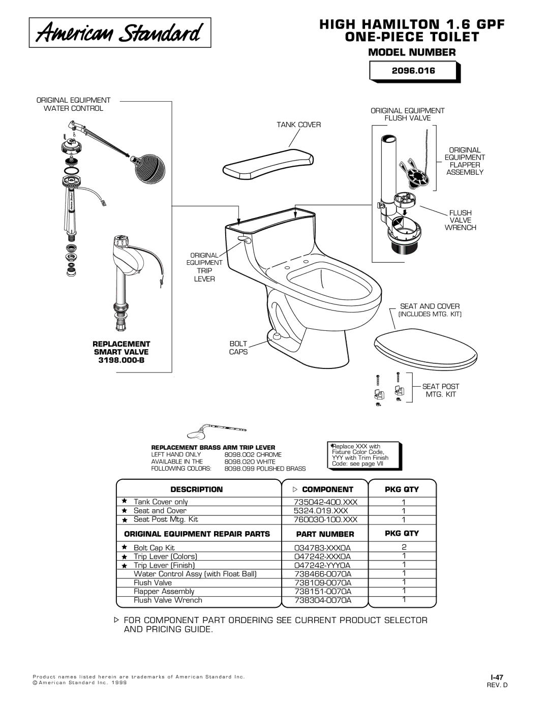 American Standard 2096.016 manual High Hamilton 1.6 GPF, ONE-PIECE Toilet, Model Number 