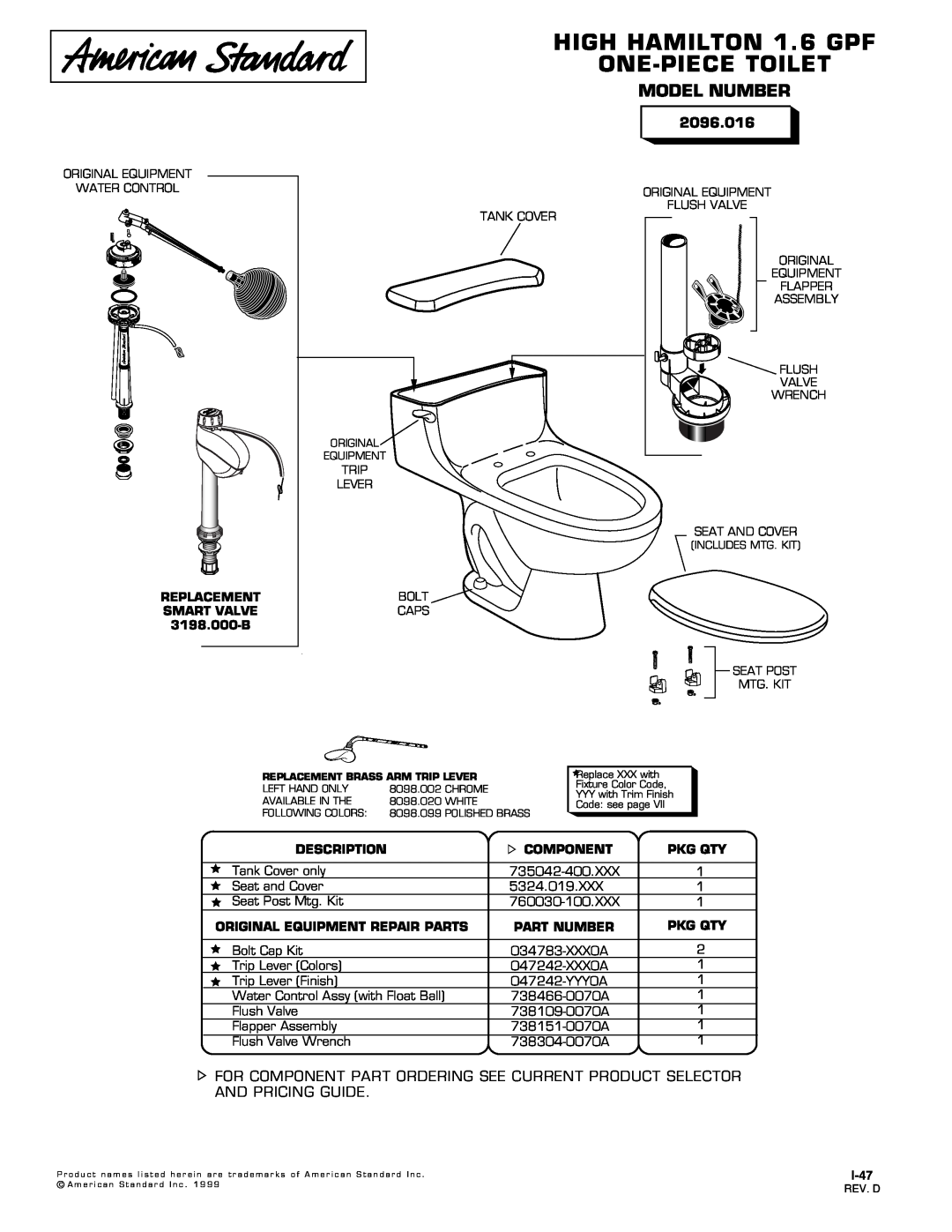 American Standard 2096.016 manual HIGH HAMILTON 1.6 GPF, One-Piecetoilet, Model Number, Replacement, Smart Valve, Pkg Qty 