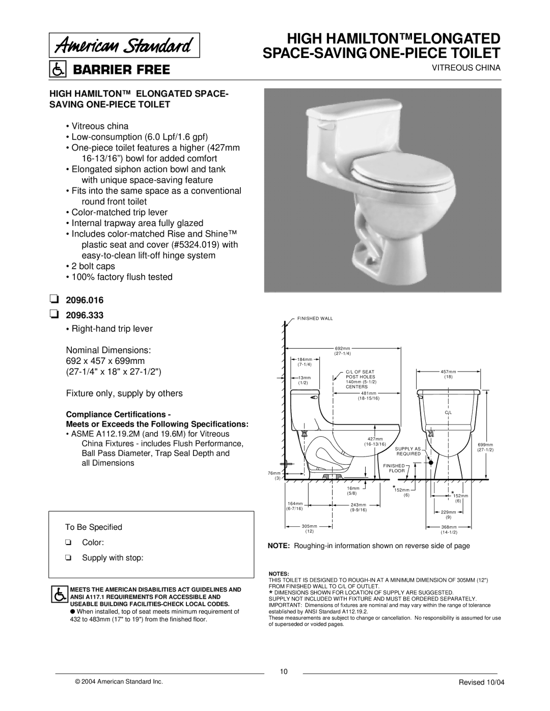 American Standard 2096.333 dimensions High Hamiltonelongated SPACE-SAVING ONE-PIECE Toilet, Barrier Free 