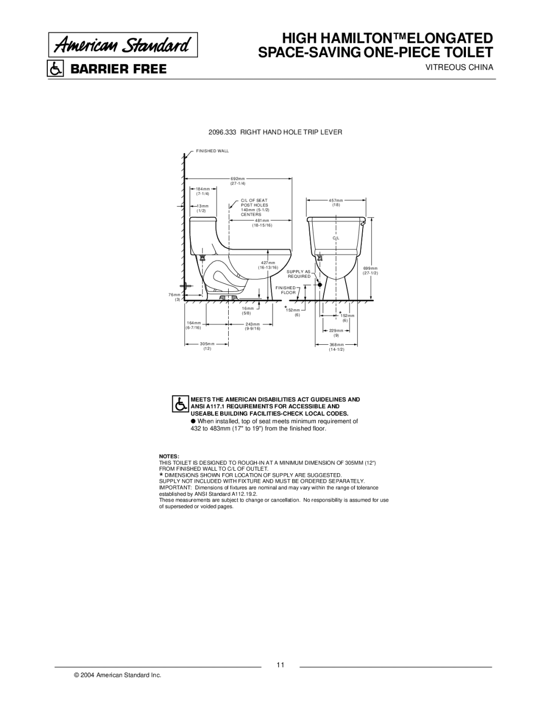 American Standard 2096.333 dimensions High Hamilton Elongated SPACE-SAVING ONE-PIECE Toilet, Right Hand Hole Trip Lever 