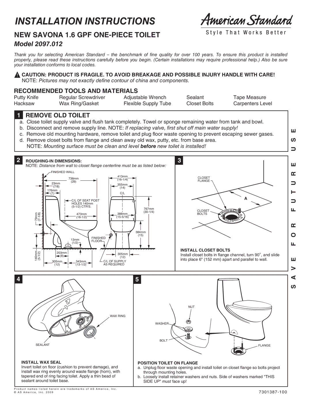 American Standard 2097.012 installation instructions NEW Savona 1.6 GPF ONE-PIECE Toilet, Recommended Tools and Materials 