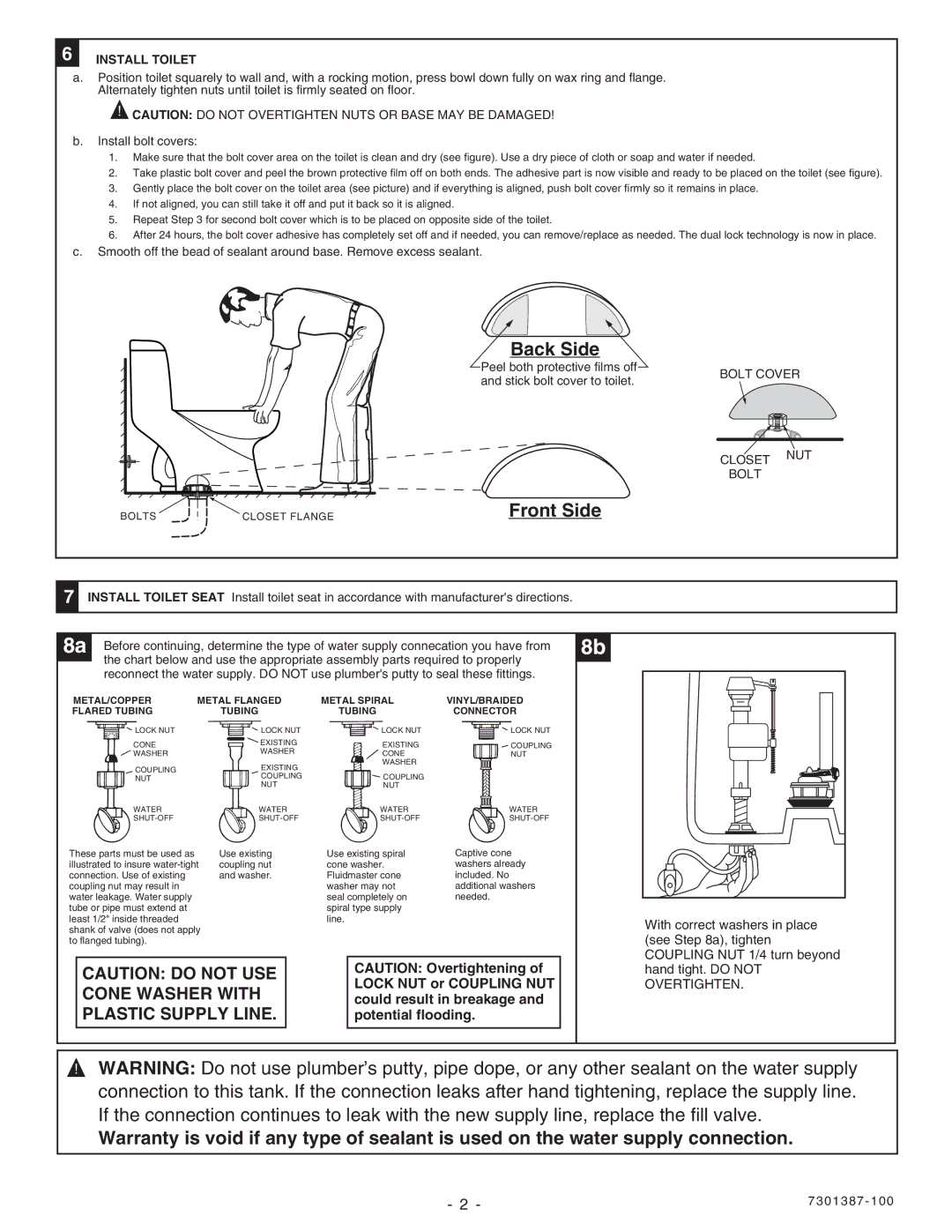 American Standard 2097.012 installation instructions Back Side, Install Toilet 