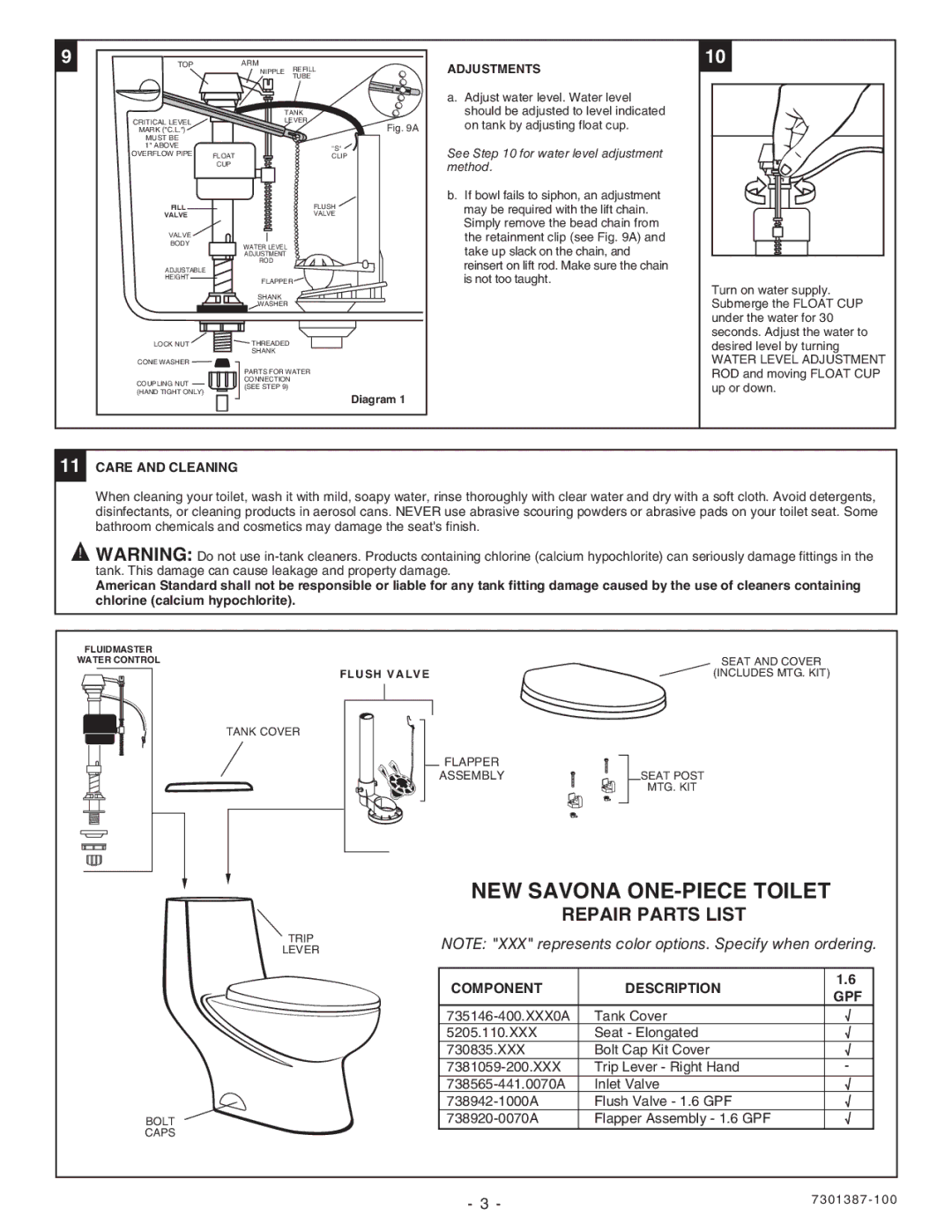 American Standard 2097.012 NEW Savona ONE-PIECE Toilet, Repair Parts List, Adjustments, Care and Cleaning, Flush Valve 