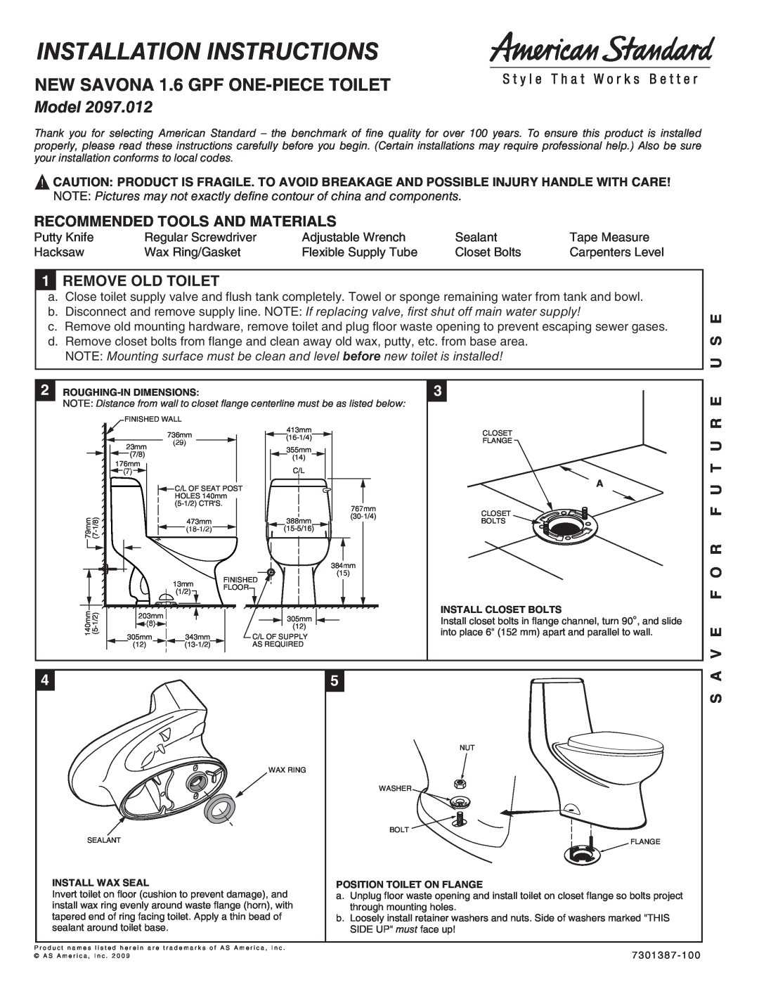 American Standard 2097.012 installation instructions NEW SAVONA 1.6 GPF ONE-PIECE TOILET, Recommended Tools And Materials 