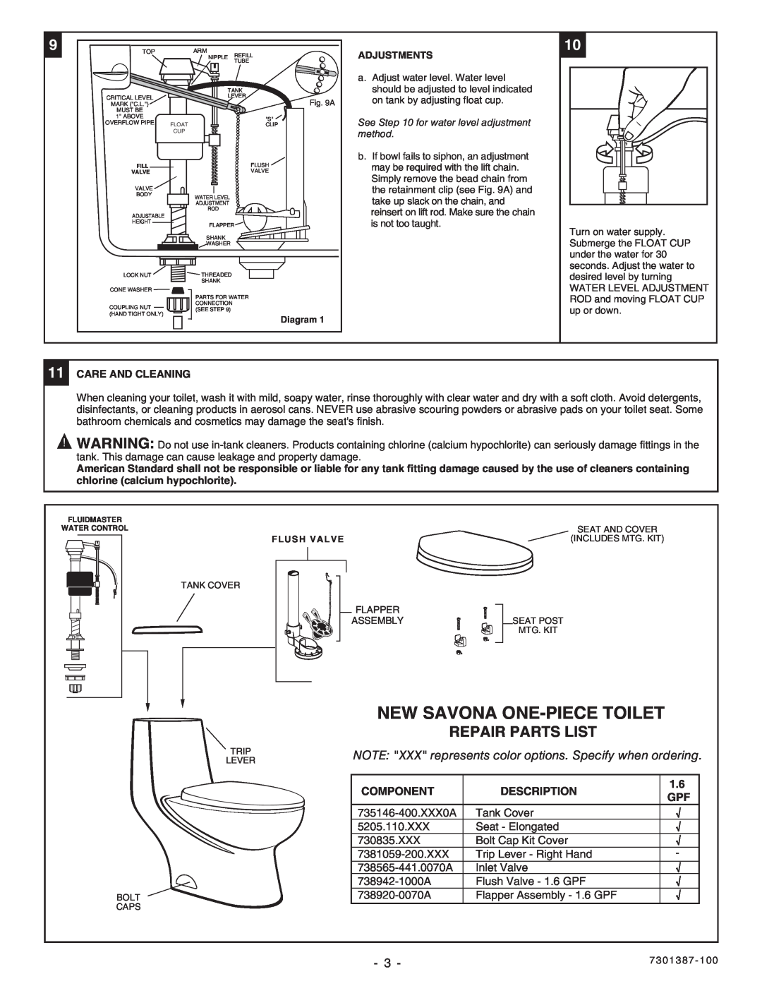 American Standard 2097.012 installation instructions New Savona One-Piece Toilet, Repair Parts List, Component, Description 