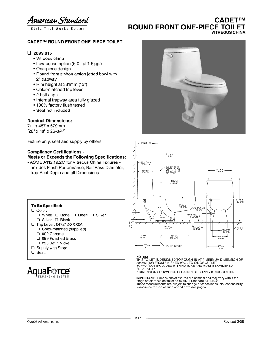 American Standard 2099.016 dimensions Cadet Round Front ONE-PIECE Toilet, Nominal Dimensions, To Be Specified 