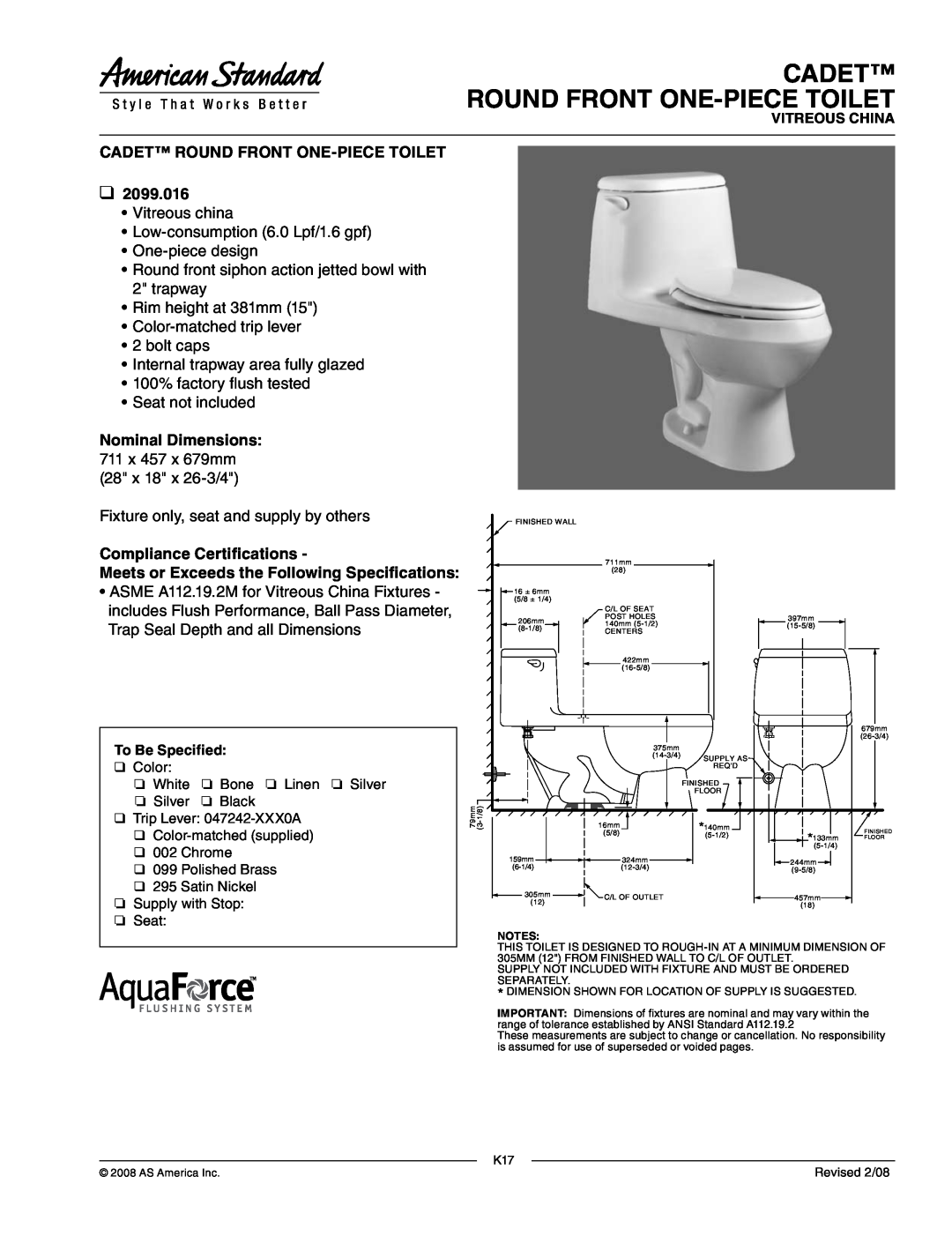 American Standard 2099.016 dimensions Cadet Round Front One-Piecetoilet, Vitreous china Low-consumption6.0 Lpf/1.6 gpf 