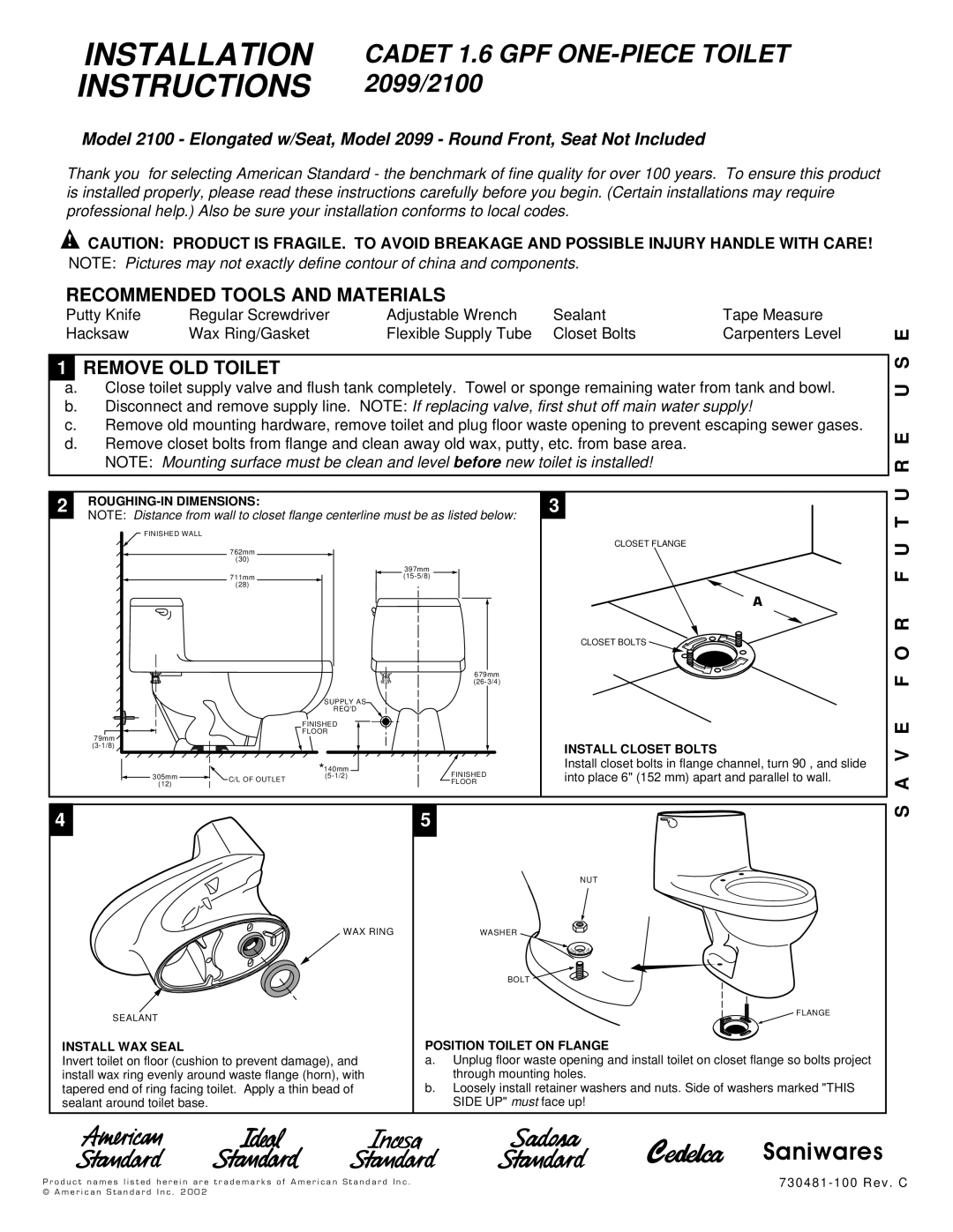 American Standard 2100 installation instructions Recommended Tools and Materials, Remove OLD Toilet, E U S E 