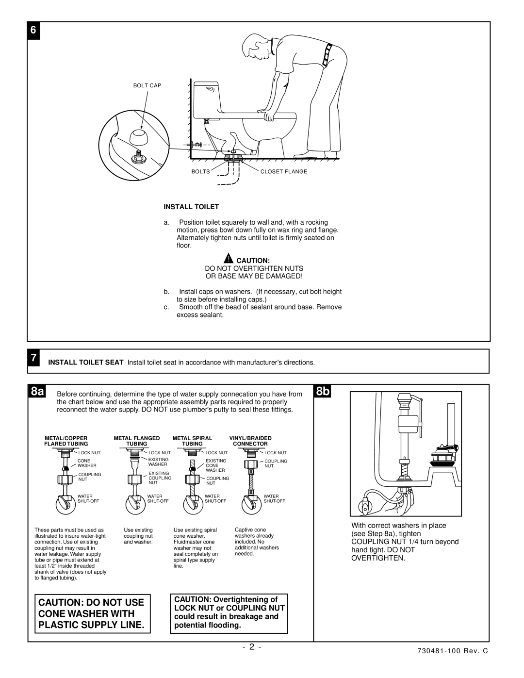 American Standard 2100 installation instructions Install Toilet, Do not Overtighten Nuts Or Base MAY be Damaged 