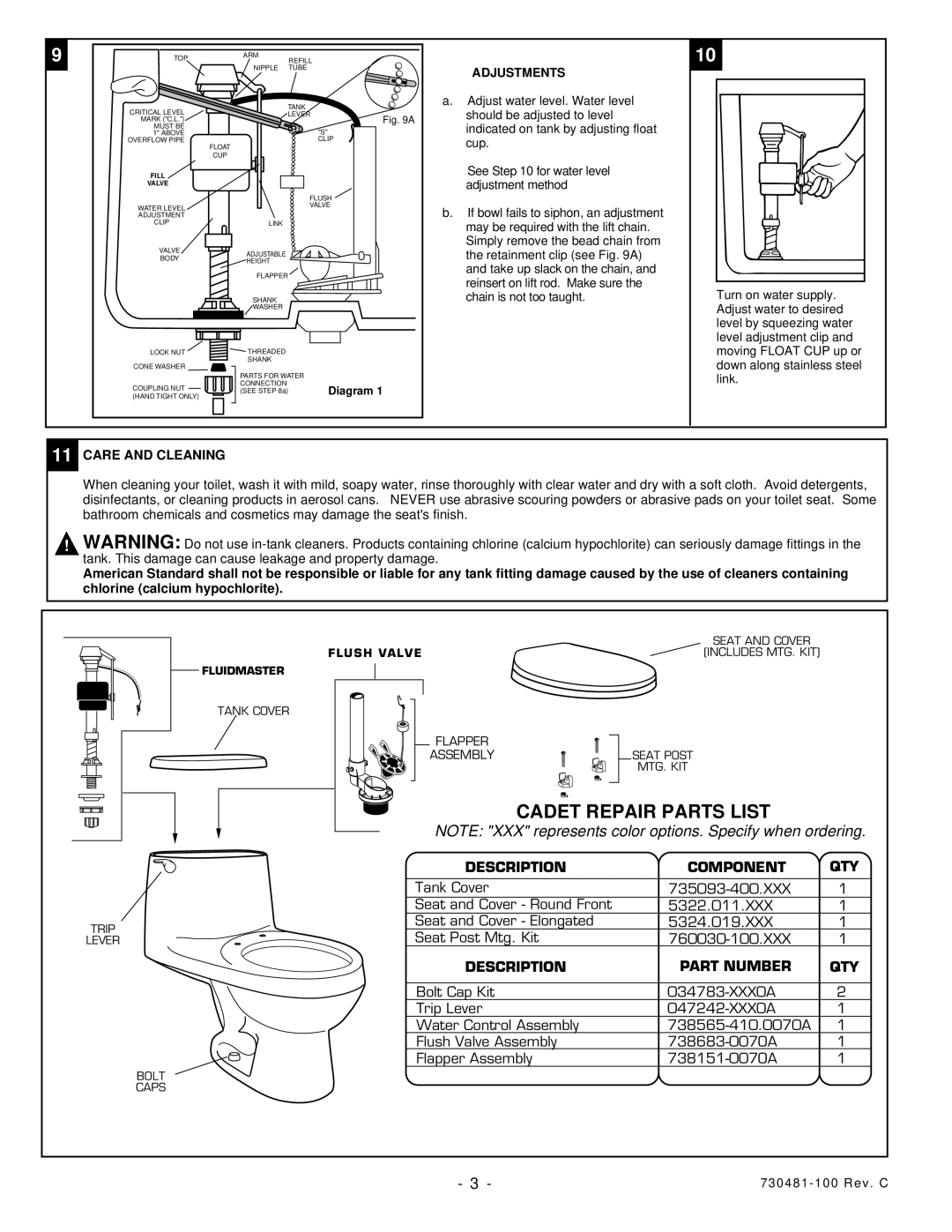 American Standard 2100 installation instructions Cadet Repair Parts List, Adjustments, Care and Cleaning 