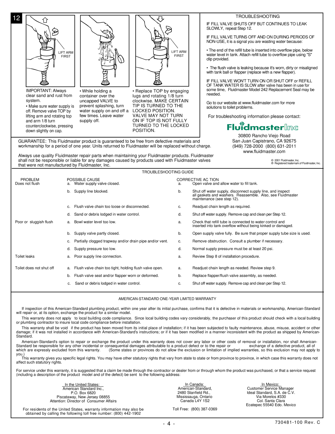 American Standard 2100 installation instructions Troubleshooting 