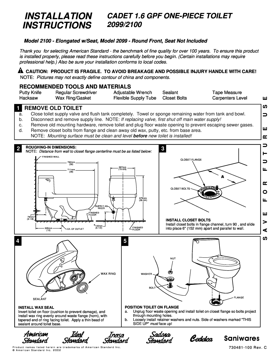 American Standard 2100 installation instructions Recommended Tools And Materials, Remove Old Toilet, U R E U S E 