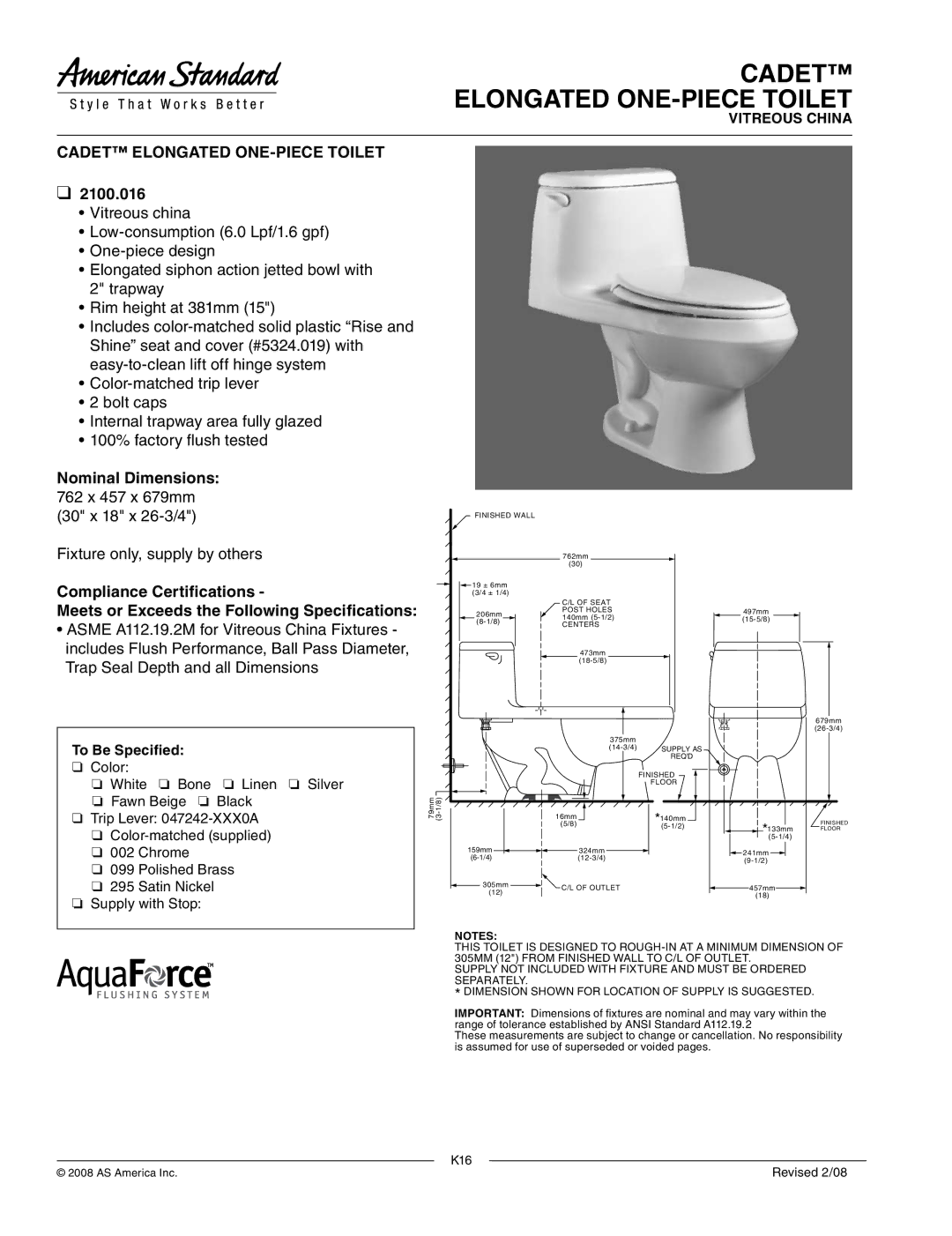 American Standard 2100.016 dimensions Cadet Elongated ONE-PIECE Toilet, Nominal Dimensions, To Be Specified 