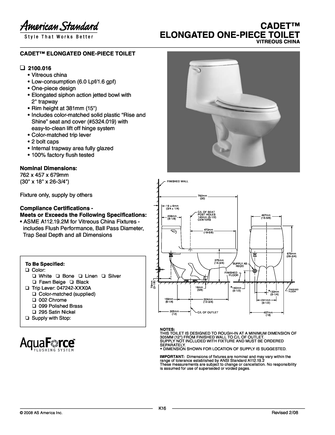 American Standard 2100.016 dimensions Cadet Elongated One-Piecetoilet, Nominal Dimensions, Compliance Certifications 