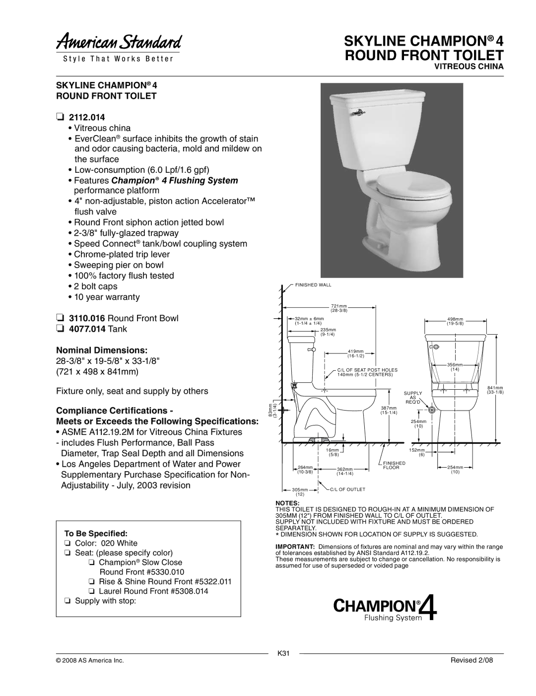 American Standard 2112.014 dimensions Skyline Champion Round Front Toilet, Tank Nominal Dimensions 