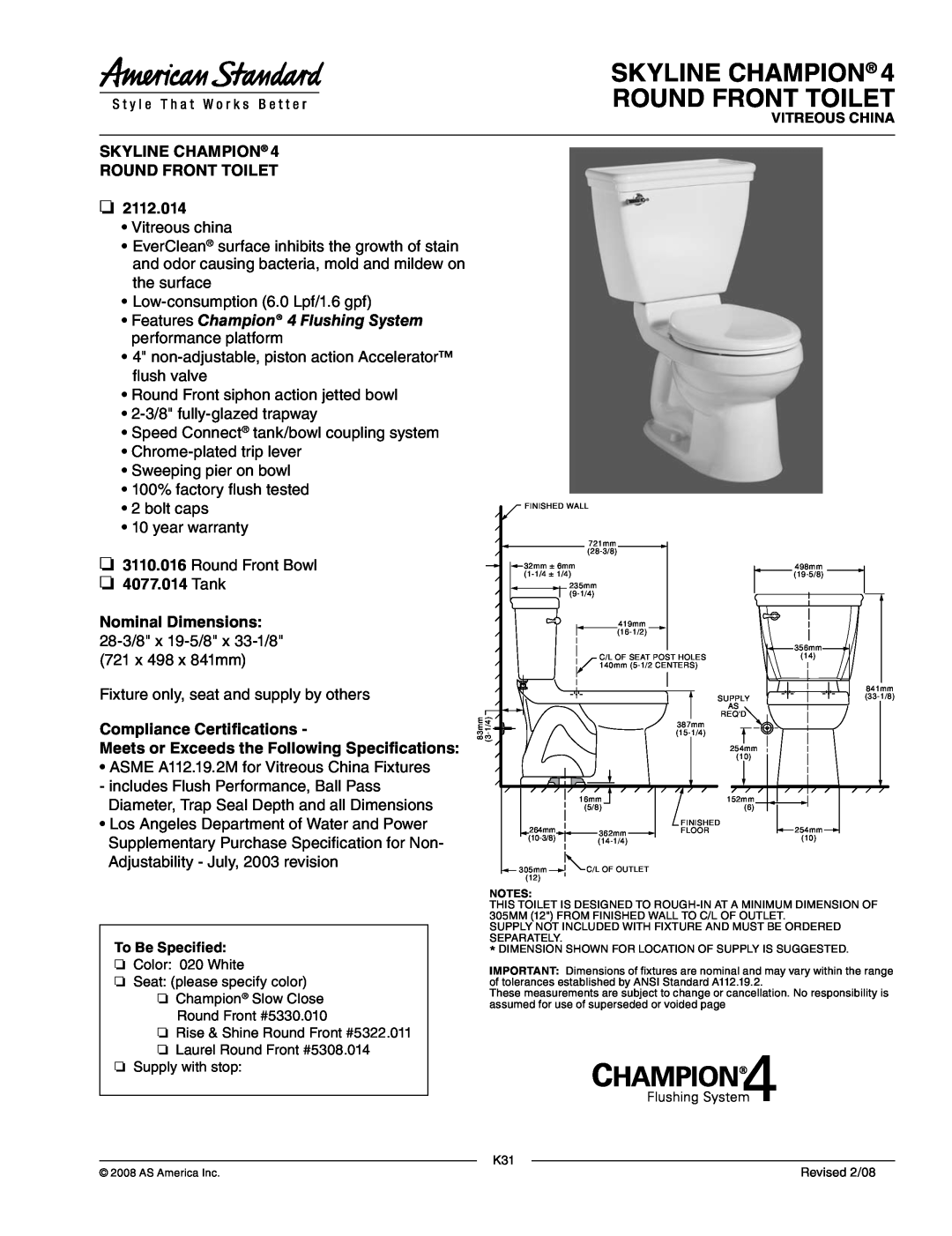 American Standard 2112.014 dimensions Skyline Champion Round Front Toilet, Tank Nominal Dimensions 