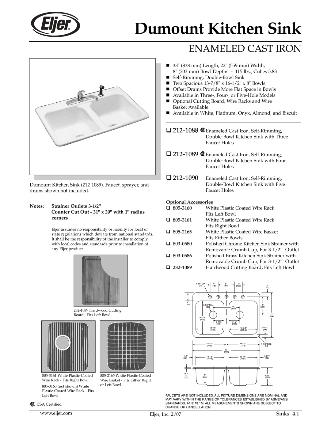 American Standard 212-1089, 212-1090, 212-1088 dimensions Dumount Kitchen Sink, Enameled Cast Iron 