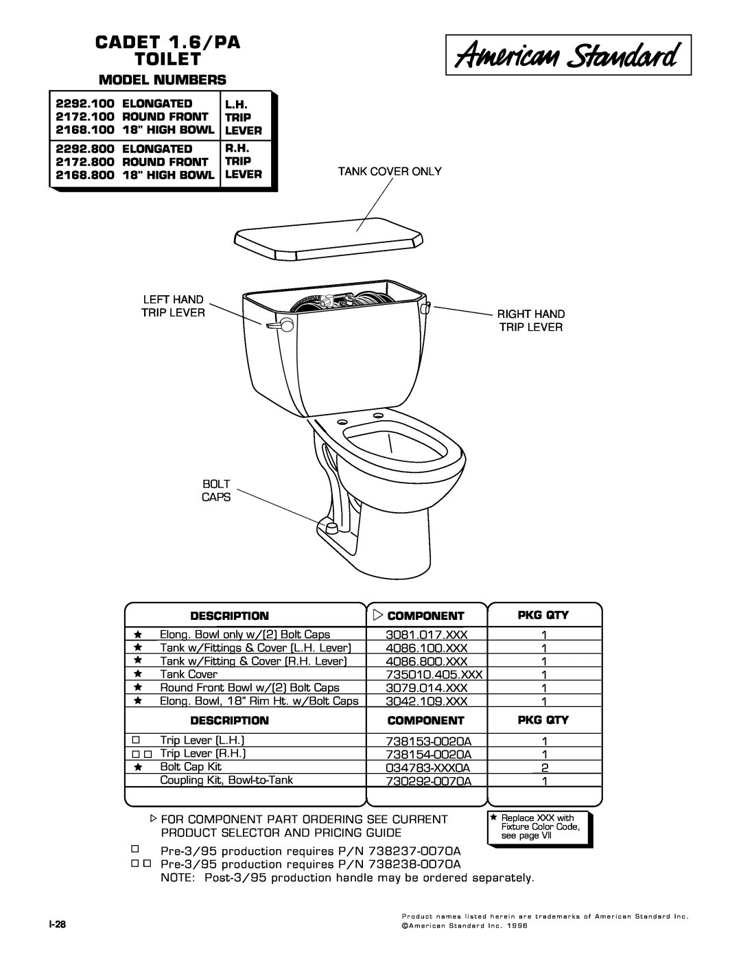 American Standard 2172.100, 2168.100, 2292.100, 738154-0020A, 738153-0020A manual CADET 1.6/PA TOILET, Model Numbers 