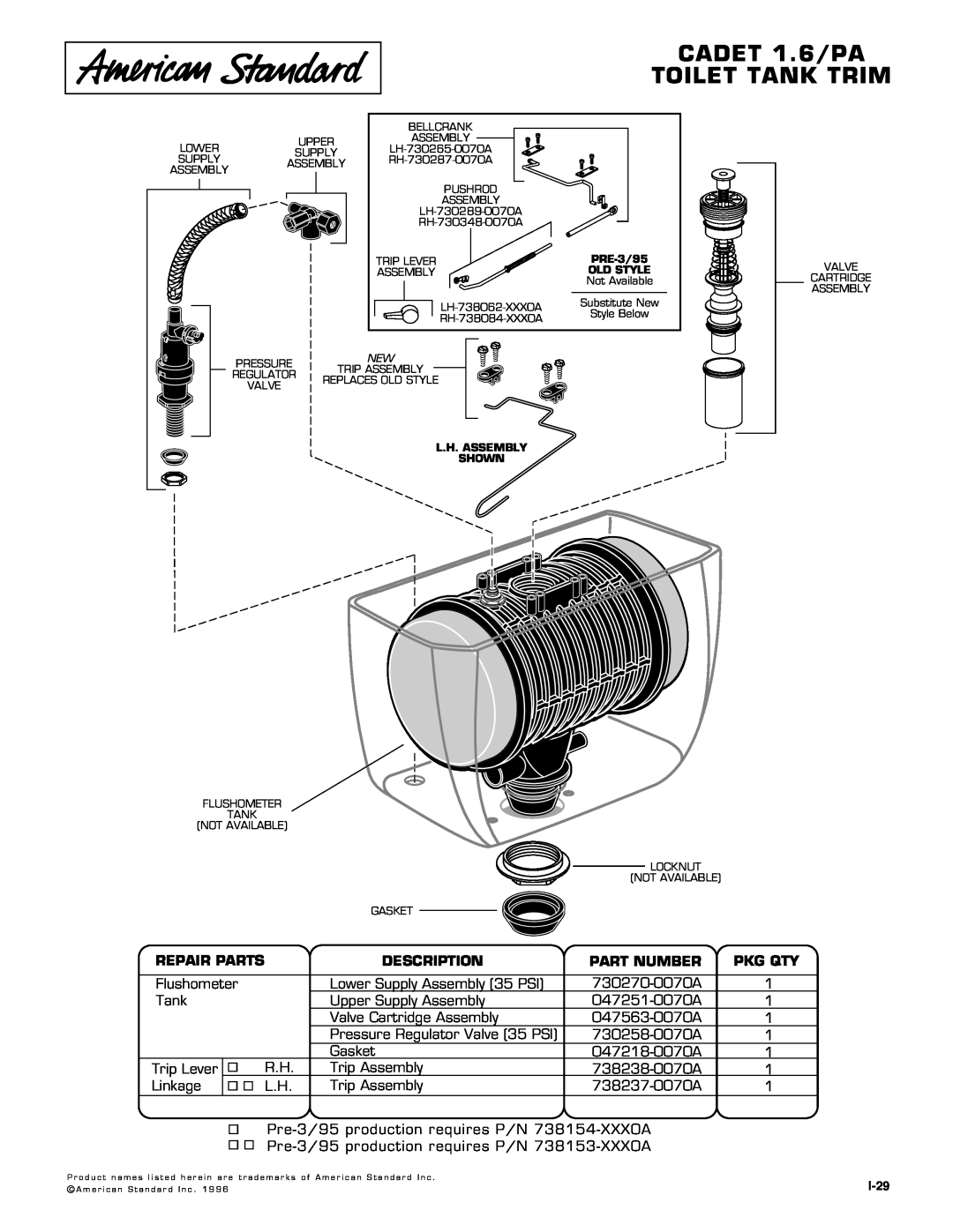 American Standard 2292.100, 2168.100 manual CADET 1.6/PA, Toilet Tank Trim, Repair Parts, Description, Part Number, Pkg Qty 