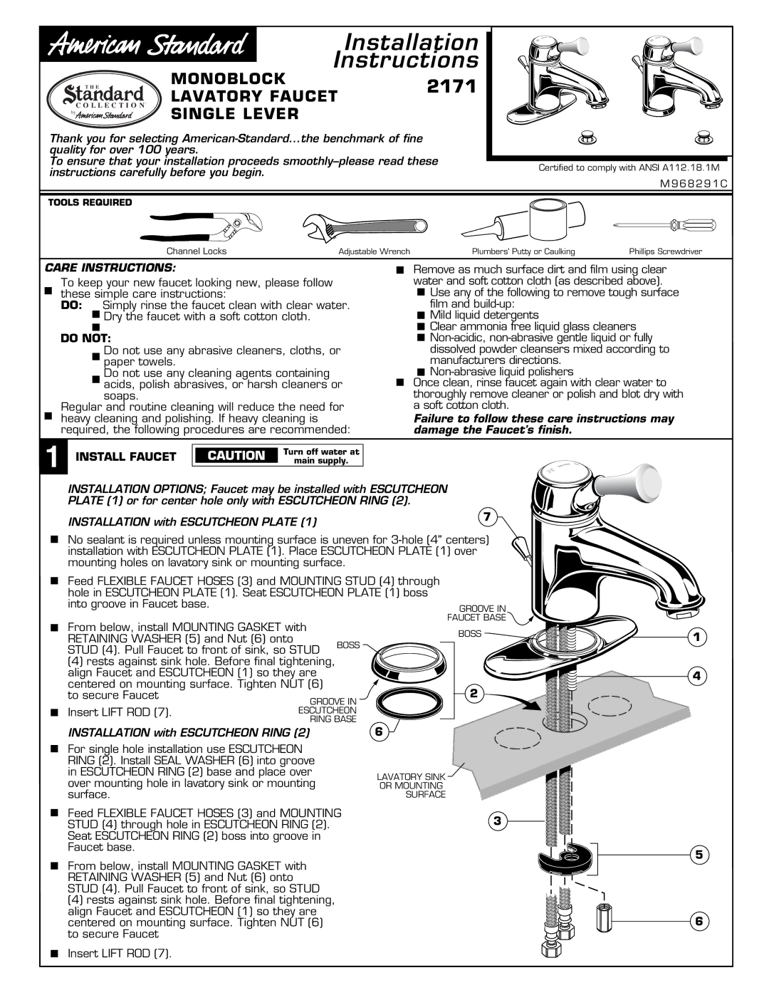 American Standard 2171 installation instructions Installation Instructions, Do not 