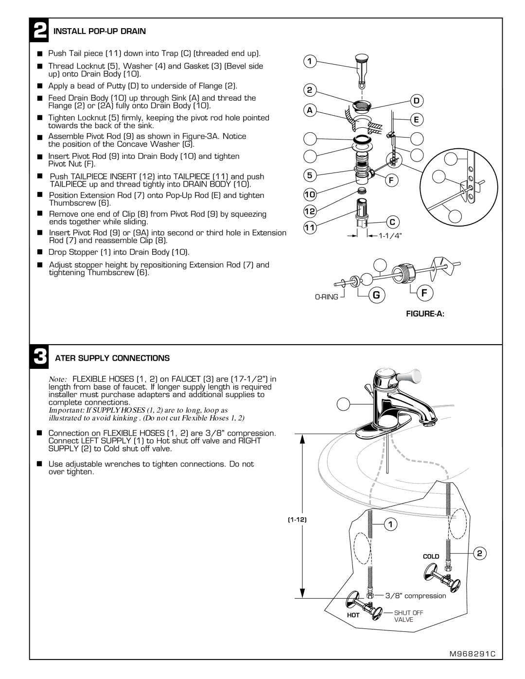 American Standard 2171 installation instructions Install POP-UP Drain, Water Supply Connections 