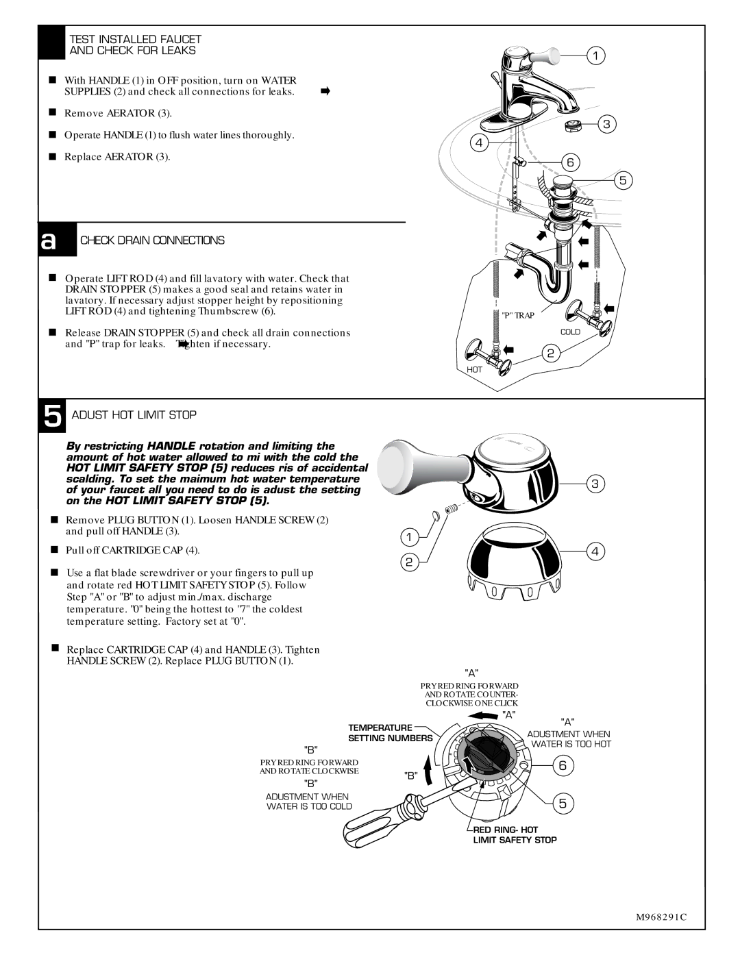 American Standard 2171 Test Installed Faucet and Check for Leaks, 4a Check Drain Connections, Adjust HOT Limit Stop 