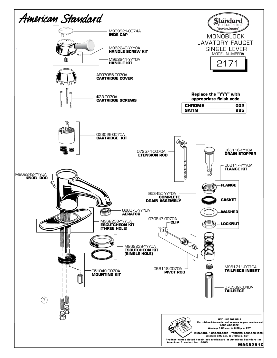 American Standard 2171 installation instructions Chrome, Satin 