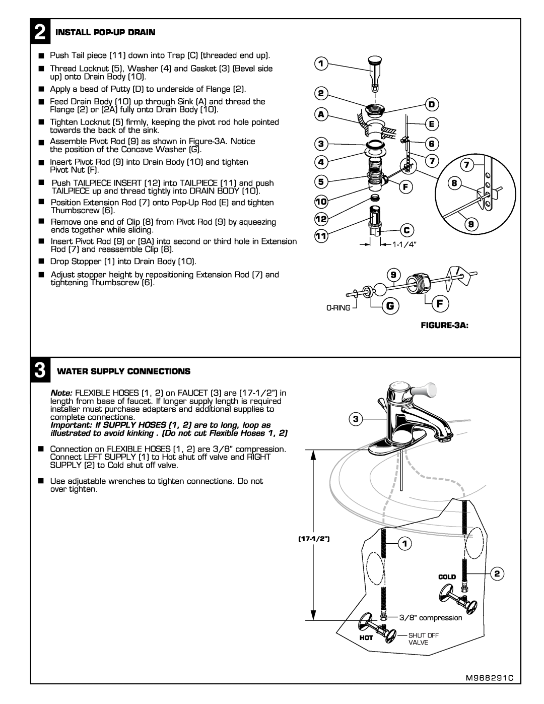 American Standard 2171 installation instructions Install Pop-Updrain, 1 2 A, D E 6 7 F8, Water Supply Connections 
