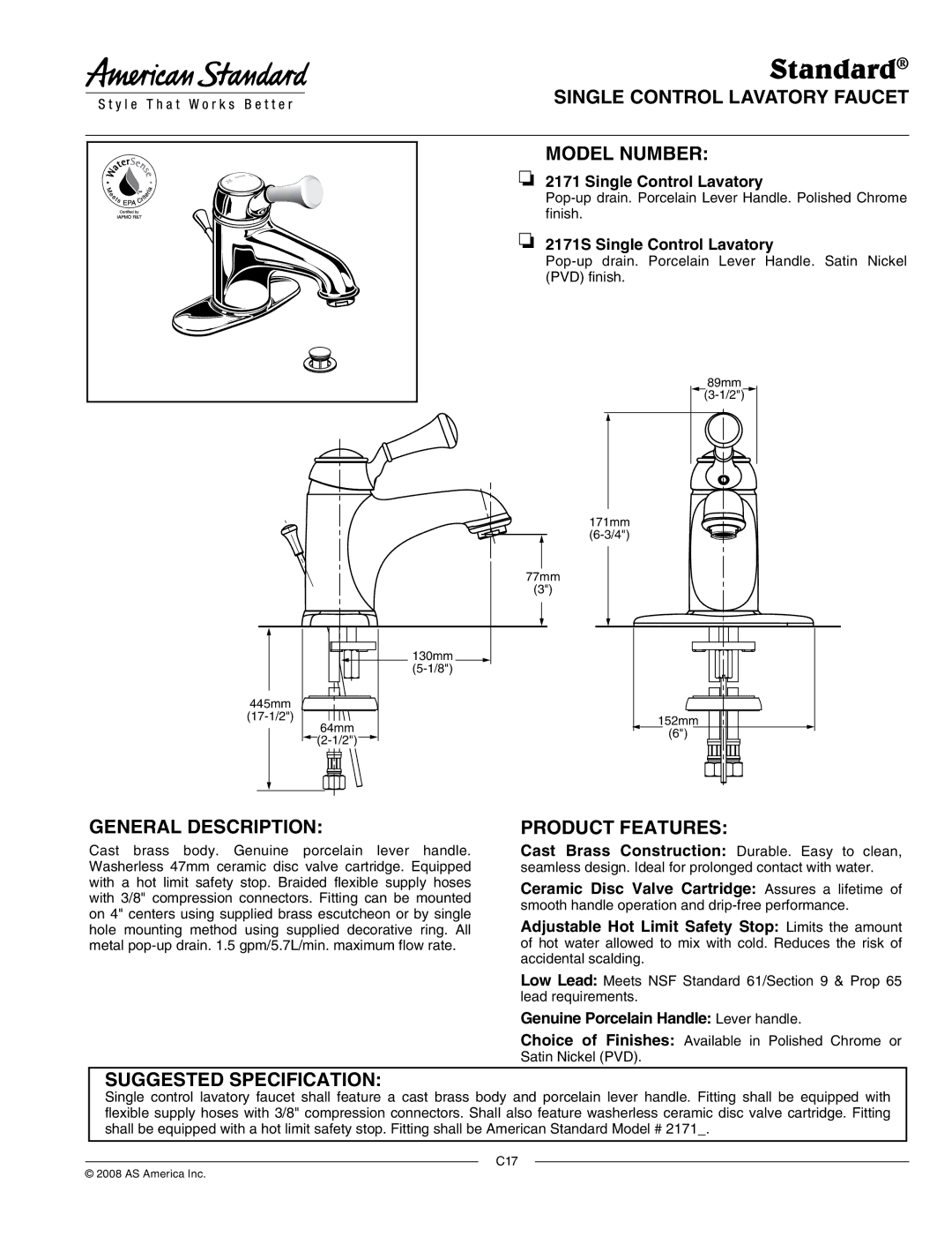 American Standard 2171S specifications Single Control Lavatory Faucet Model Number, General Description, Product Features 