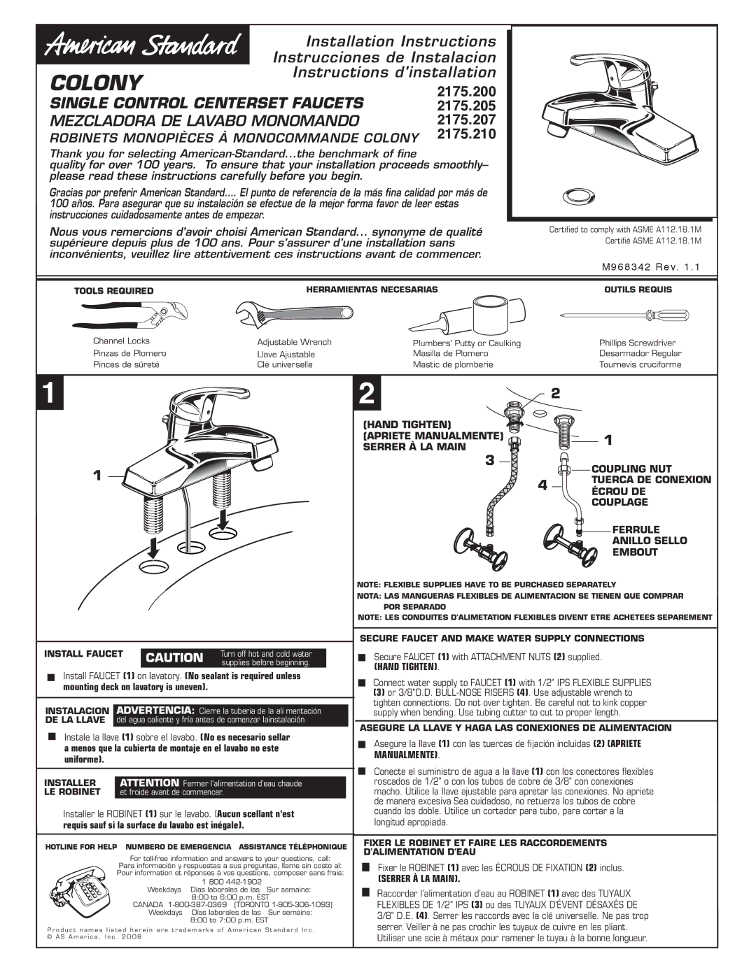 American Standard 2175.210, 2175.200, 2175.207 installation instructions Manualmente, Serrer À LA Main, Install Faucet 