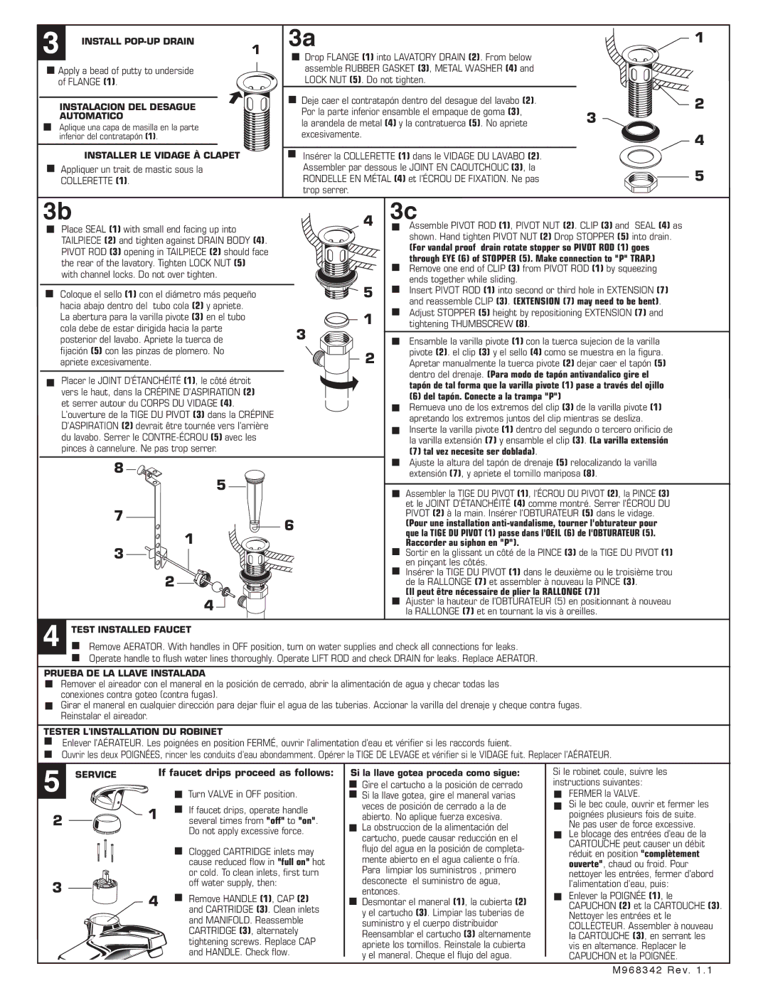 American Standard 2175.207 Install POP-UP Drain, Instalacion DEL Desague Automatico, Installer LE Vidage À Clapet, Service 