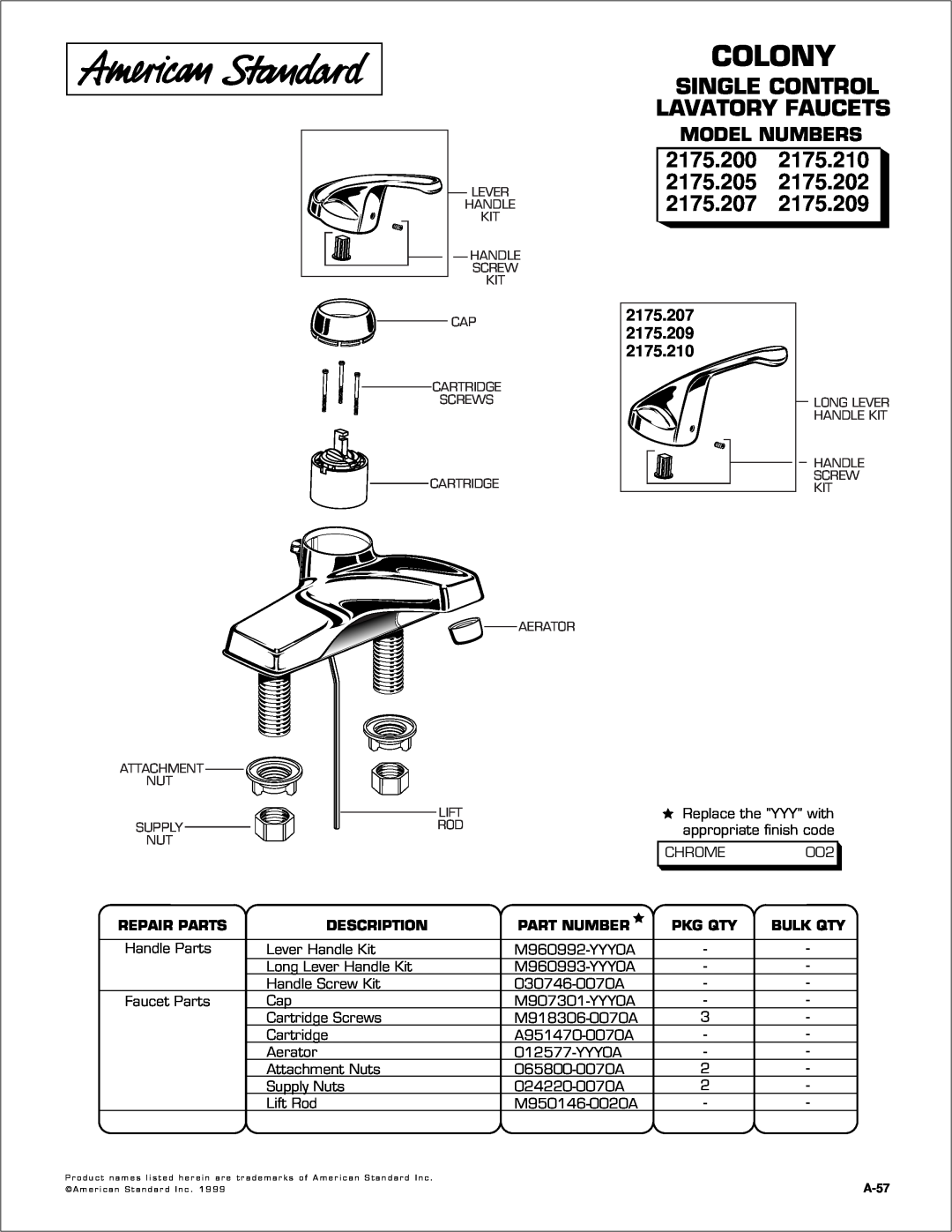 American Standard 2175.202 manual Colony, Single Control, Lavatory Faucets, 2175.210, 2175.209, 2175.200, 2175.205 