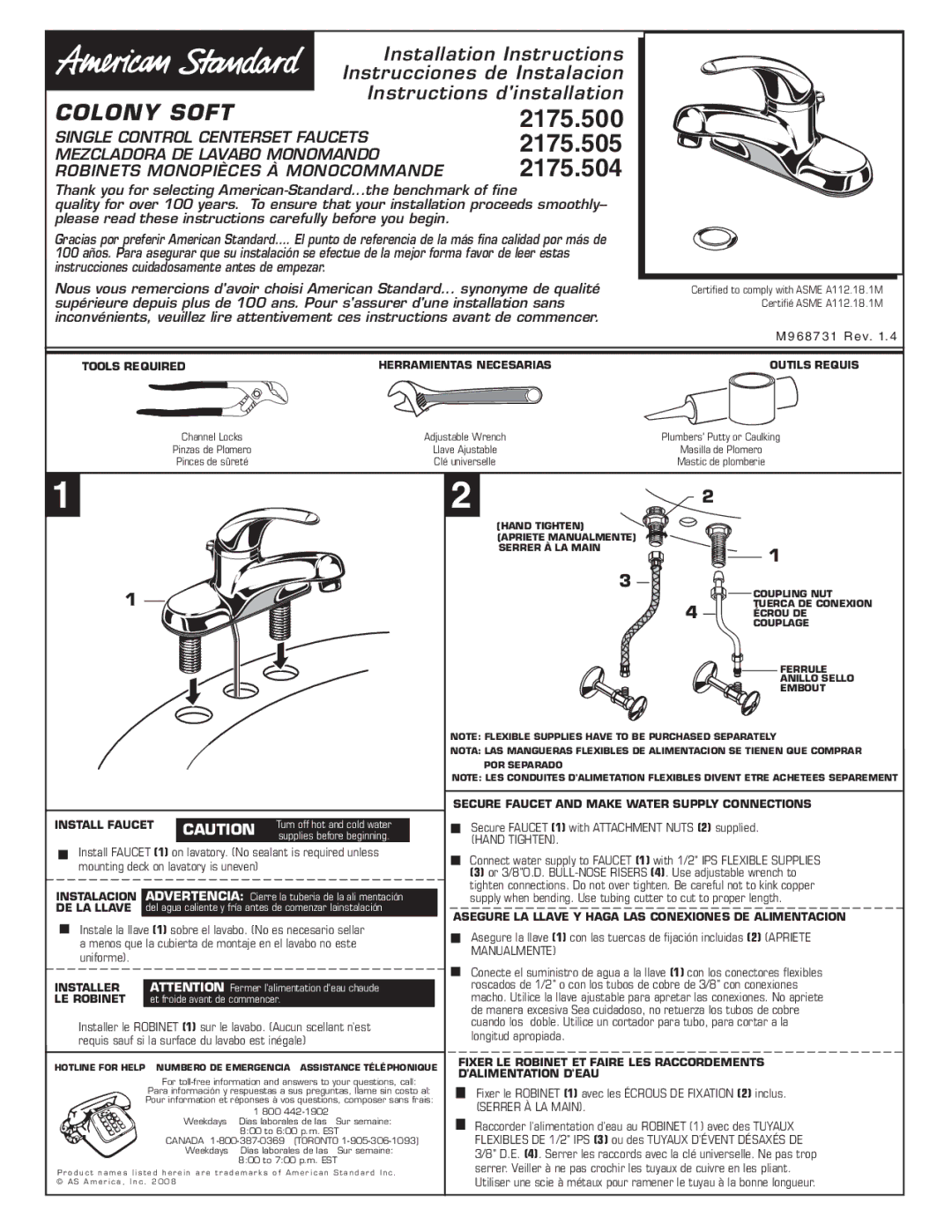 American Standard 2175.5 installation instructions M968731 Rev, Fixer le Robinet 1 avec les Écrous DE Fixation 2 inclus 