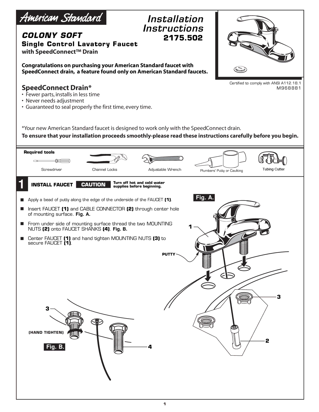 American Standard 2175.502 installation instructions Installation Instructions, Install Faucet 