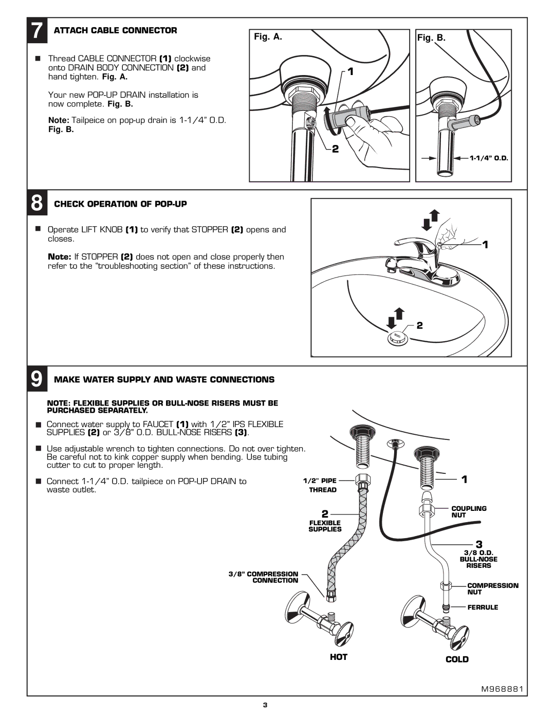 American Standard 2175.502 Attach Cable Connector, Check Operation of POP-UP, Make Water Supply and Waste Connections 