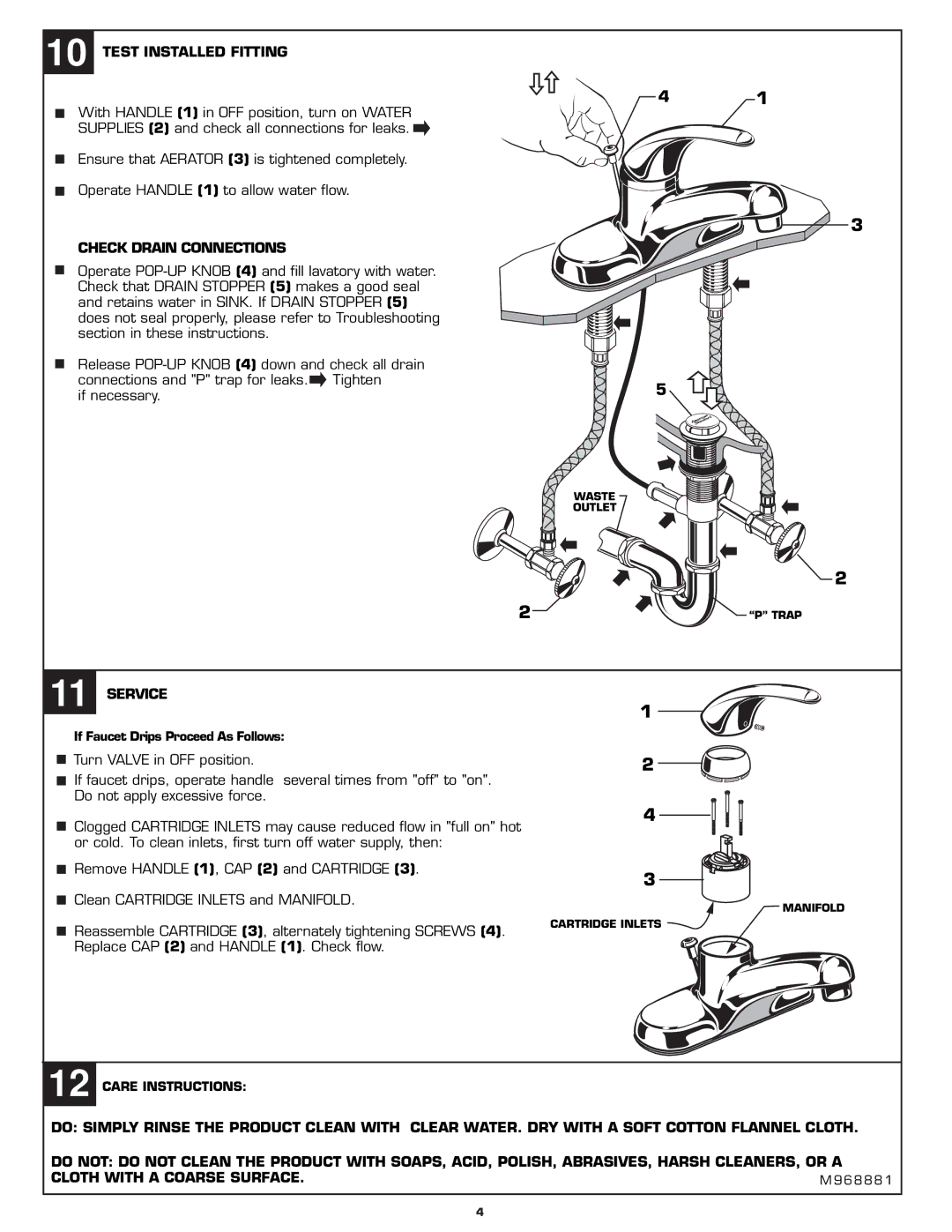 American Standard 2175.502 installation instructions Test Installed Fitting, Check Drain Connections, Service 