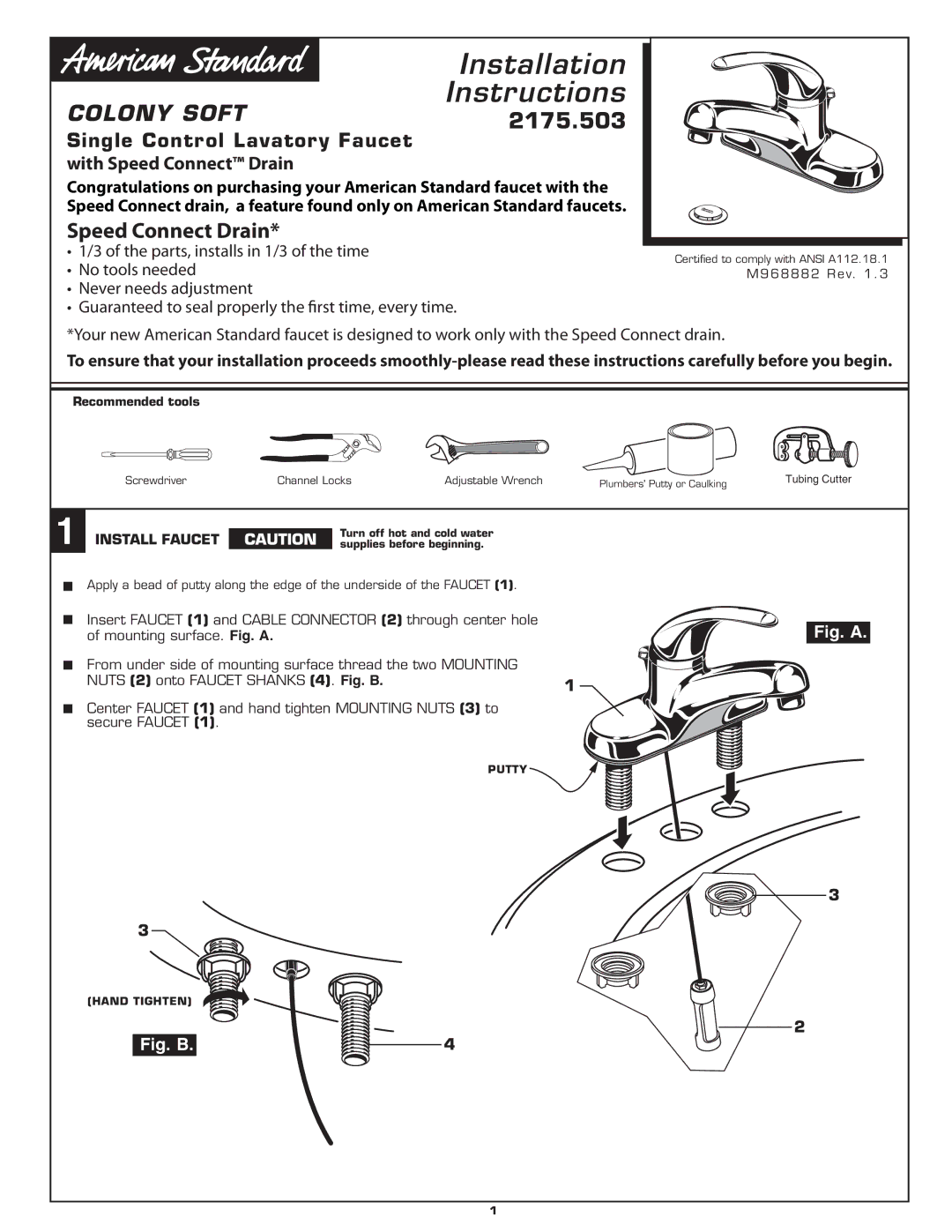 American Standard Single Control Lavatory Faucet with Speed Connect Drain installation instructions Install Faucet 