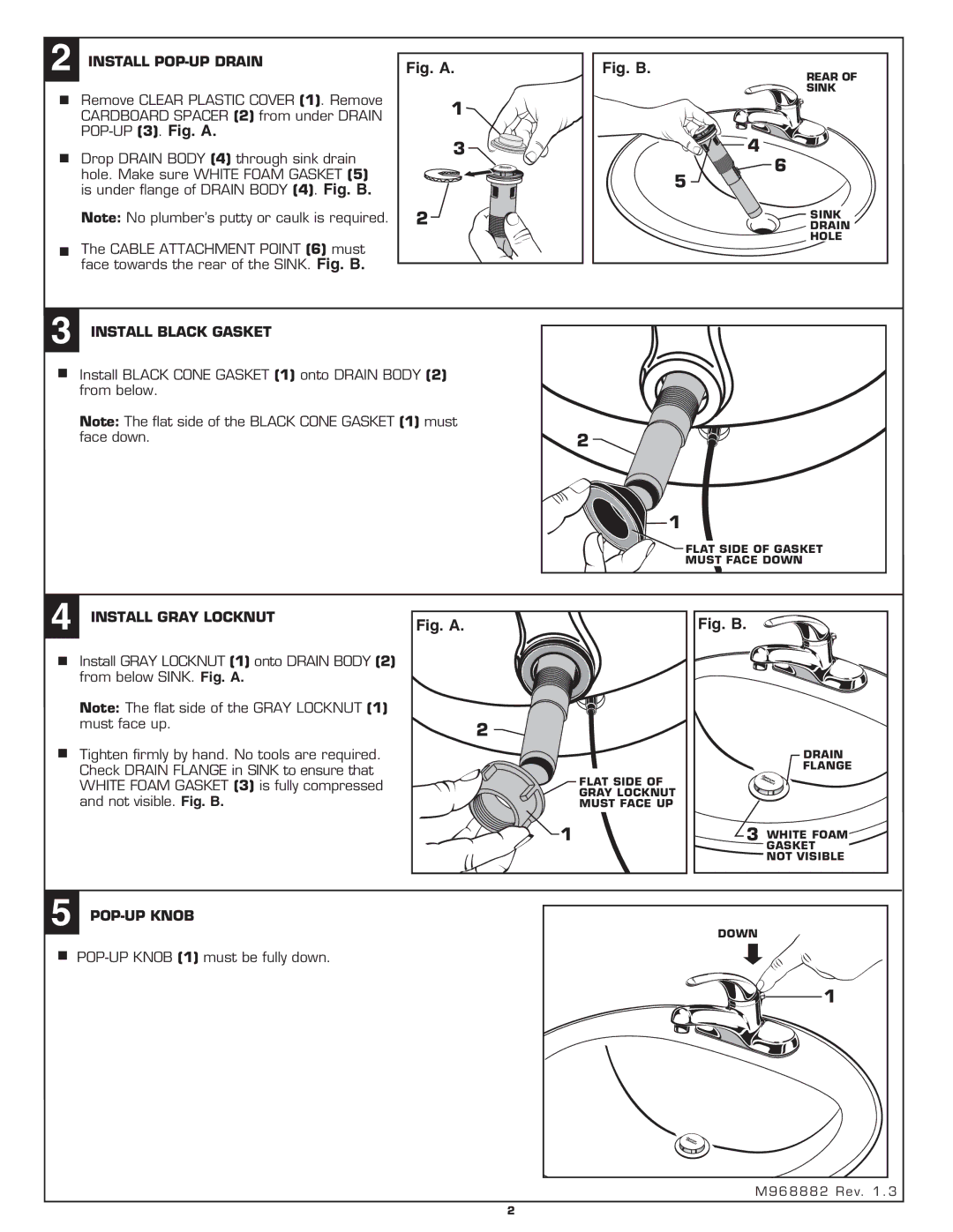 American Standard 2175.503 Install POP-UP Drain, Install Black Gasket, Install Gray Locknut, POP-UP Knob 